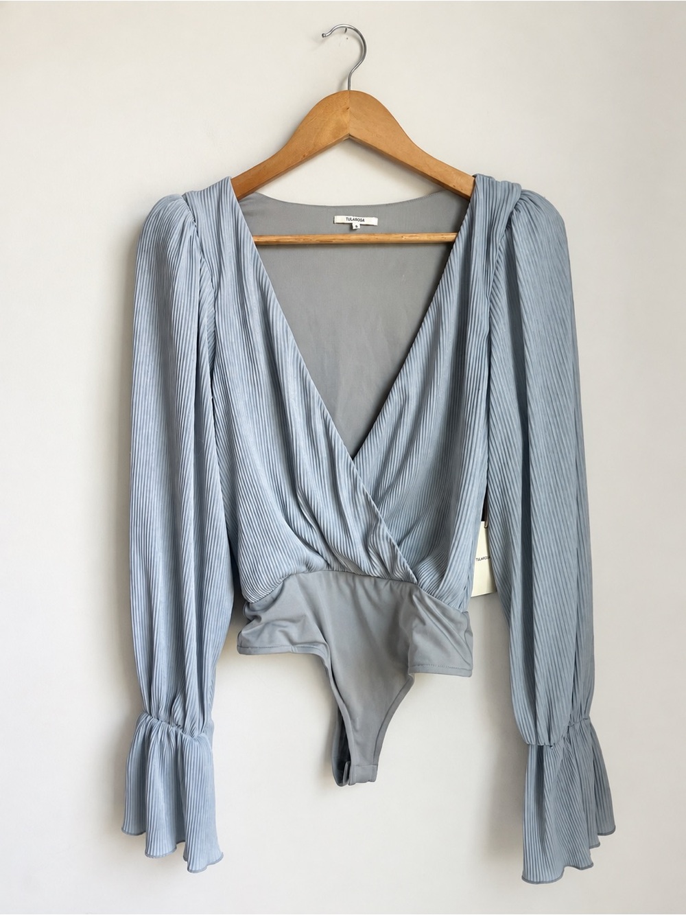NWT Tularosa Blue Pleated Long-Sleeve V-Neck Wrap Bodysuit